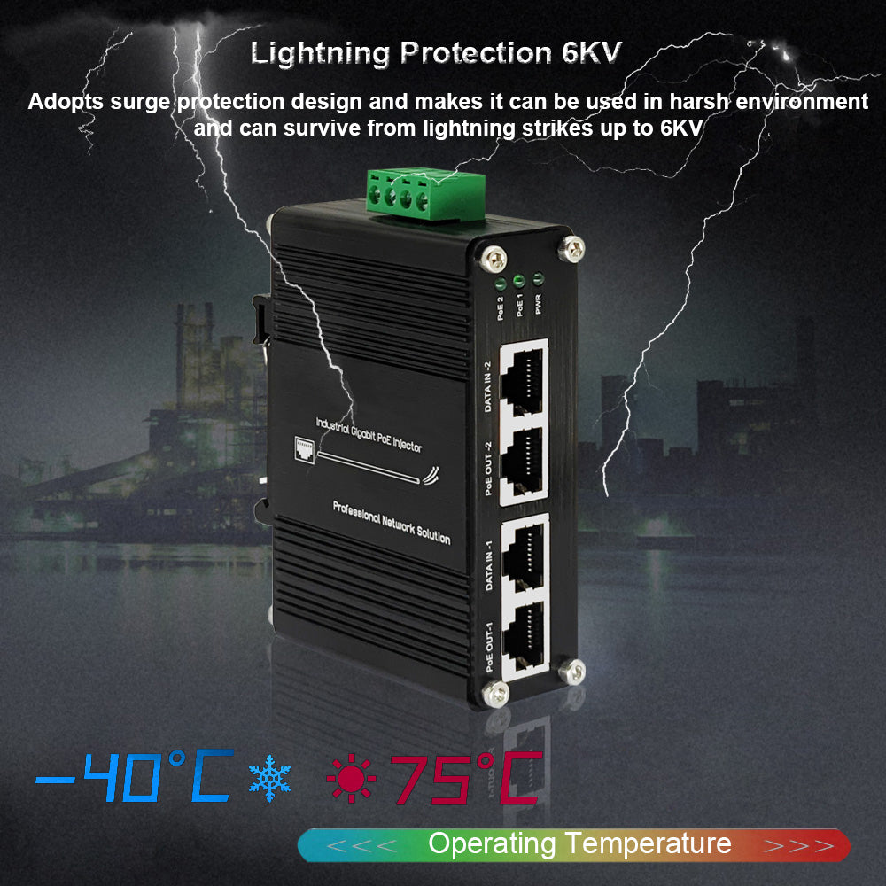 2-Port Gigabit PoE Injector, 802.3at, 12–48V DC Input | INJ-2G30