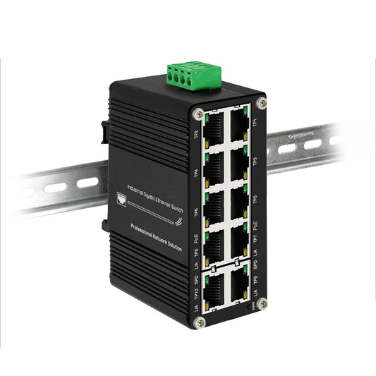 Mini Industrial 10-Port Gigabit PoE Switch 12–48V DC Input